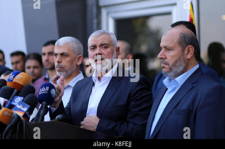 Rafah, Gaza Strip, Palestinian Territory. 19th Sep, 2017. Hamas Chief Ismail Haniyeh speaks to the press upon his arrival on the Palestinian side of the Rafah border crossing, in the southern Gaza Strip on September 19, 2017. Haniyeh said on Tuesday evening that his movement is ready to receive the Palestinian Unity Government in Gaza during a press conference held immediately after returning to the Gaza Strip from Cairo, he said: 'To show Hamas' seriousness to bring about reconciliation, we invite the unity government to come and assume its duties in Gaza unimpeded (Credit Image: © Stock Photo