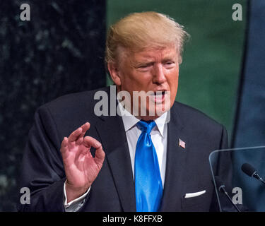 New York, USA, 19 September, 2017.  United States President Donald Trump addresses the opening session of the 72st United Nations General Assembly in New York on September 17, 2017. Trump used his first ever address to the U.N. General Assembly to condemn North Korea and Iran. Enrique Shore/Alamy Live News