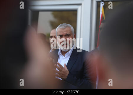 Gaza. 19th Sep, 2017. Hamas Chief Ismail Haniyeh speaks during a news conference on his return from Egypt at Rafah border crossing in the southern Gaza Strip, Sept. 19, 2017. Haniyeh said on Tuesday that it is ready to resume dialogue with Fatah movement. Credit: Khaled Omar/Xinhua/Alamy Live News Stock Photo