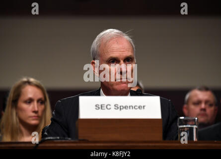 Washington, USA. 19th Sep, 2017. U.S. Navy Secretary Richard Spencer (C) testifies during a hearing on recent U.S. Navy incidents before Senate Armed Services Committee on Capitol in Washington, DC, the United States, Sept. 19, 2017. Top leaders of the U.S. Navy were urged to do better on Tuesday as they appeared before the Senate hearing over a series of deadly ship collisions involving the Pacific fleet. Credit: Yin Bogu/Xinhua/Alamy Live News Stock Photo