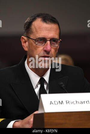 Washington, USA. 19th Sep, 2017. Chief of Naval Operations Admiral John Richardson testifies during a hearing on recent U.S. Navy incidents before Senate Armed Services Committee on Capitol in Washington, DC, the United States, on Sept. 19, 2017. Top leaders of the U.S. Navy were urged to do better on Tuesday as they appeared before the Senate hearing over a series of deadly ship collisions involving the Pacific fleet. Credit: Yin Bogu/Xinhua/Alamy Live News Stock Photo