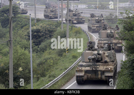Paju, Gyeonggi, South Korea. 6th Sep, 2017. South Korean Military Tanks take part in an exercise near DMZ in Paju, South Korea. North Korea may very well have the ability to kill millions of Americans, without directly firing on U.S. soil. For the first time, the pariah countryÃ¢â‚¬â„¢s state news agency warned it could hit the U.S. with an electromagnetic pulse (EMP) onslaught, a threat that experts contend is both very real and comes with catastrophic consequences. Credit: Seung Il Ryu/ZUMA Wire/Alamy Live News Stock Photo