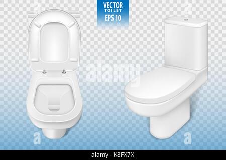 Realistic toilet mockup closeup, white modern toilet in 3d illustration isolated on transparent background. Vector Stock Vector