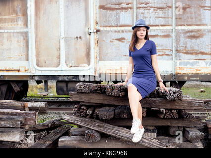 asian thai lady model post action tourism old train in aummer concept Stock Photo