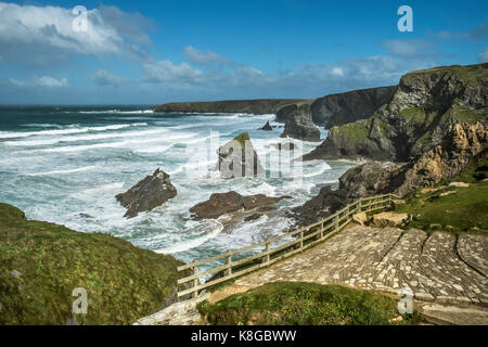 Bedruthan Steps - rough sea conditions at Bedruthan Steps on the North Cornwall coast. Stock Photo