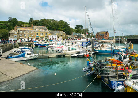 Padstow- various boats and fishing boats moored in the historic Padstow harbour on the North Cornwall coast. Stock Photo