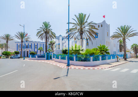 BEautiful blue and white washed buildings at roundabout in Sidi Ifni, Morocco, North Africa. Stock Photo