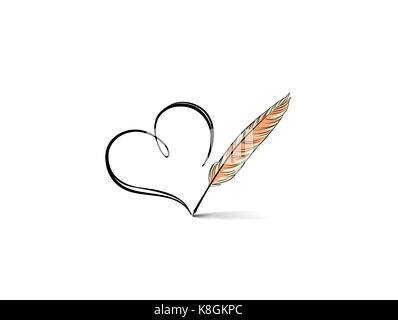 Love heart calligraphic hand drawn sign written by retro feather pen. Holiday greeting card design Stock Vector