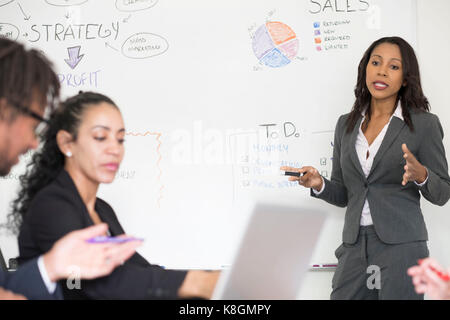 Businessman and businesswomen in meeting room, businesswoman, standing at front, explaining business strategy Stock Photo