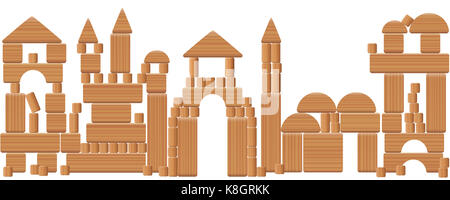 Toy city made of wooden blocks - imaginary skyline scenery with fairytale buildings build with many different natural wood elements. Stock Photo