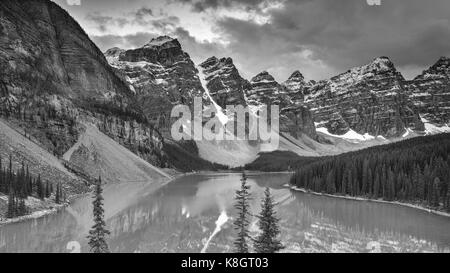 Moraine Lake in Black and White, Banff, Alberta, Canada Stock