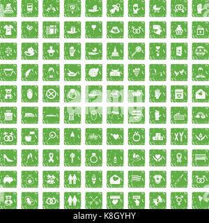 100 love icons set grunge green Stock Vector