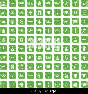 100 map icons set grunge green Stock Vector