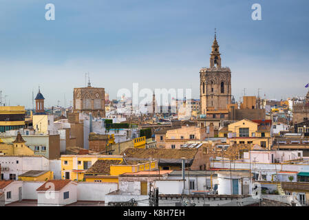 Valencia Spain cityscape, view of the skyline of the historical old town quarter of Valencia with the cathedral lantern and Miguelete towers visible. Stock Photo