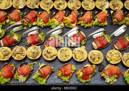 Decorative Garnished Modern Canapes Served at Party Stock Photo