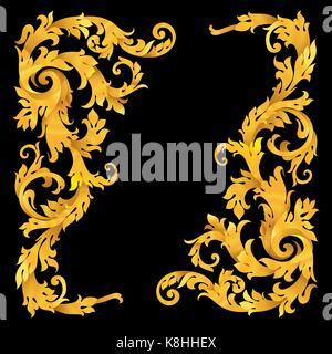Rich gold vector baroque curly ornamental corners for design and decoration on black background Stock Vector