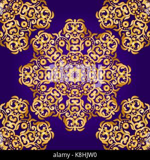 Rich gold seamless pattern in the Indian style. Bohemian Cards with mandalas. Royal purple and gold ornament. Unique template for design or backdrop. Stock Vector