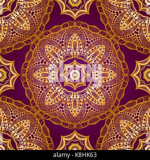 Rich gold seamless pattern in the Indian style. Bohemian tile with mandalas. Royal purple and gold ornament. Unique template for design or backdrop. Stock Vector