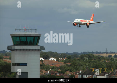 EasyJet Airbus A319 G-EZBG landing at London Southend Airport, Essex, England Stock Photo