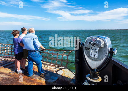 North Carolina,NC,Outer Banks,Pamlico Sound,Ocracoke Island,Hatteras,ferry,water,passenger passengers rider riders,coin operated binocular viewer,visi Stock Photo