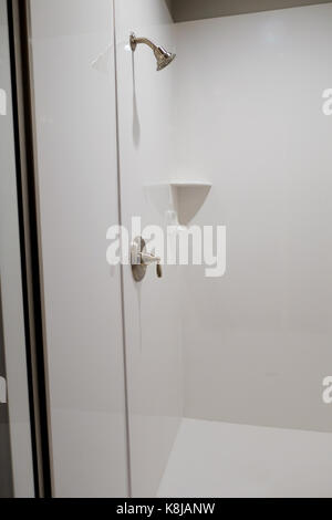 A white shower with an open glass door. Stock Photo