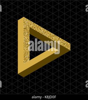 Abstract gold glitter impossible triangle sign, retro optical effect shape with isometric grid background. EPS10 vector file. Stock Vector