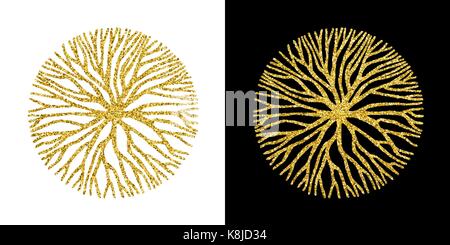 Abstract gold glitter circle shape illustration of tree branches or roots for concept design, creative nature art. EPS10 vector. Stock Vector