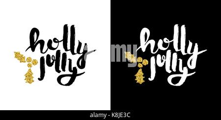 Gold merry Christmas calligraphic quote design, golden glitter handwritten illustration for holiday season greeting card. EPS10 vector. Stock Vector
