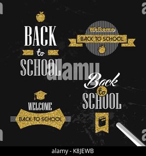 Back to school gold glitter typography quote set, golden text label templates for education projects. EPS10 vector. Stock Vector