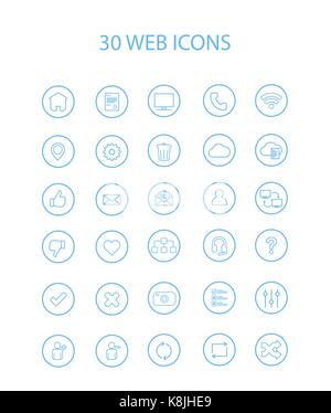 30 Blue Color Web Icons with Hollow Round, Vector, Illustration Stock Vector