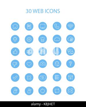 30 Blue Web Icons with Interior Full Round, Vector, Illustration Stock Vector