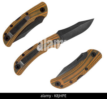 Three folding pocket knives with a black blade and a yellow handle - open and closure on a white background Stock Photo