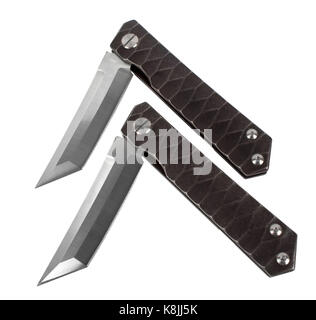 two foldable very sharp pocket knife with tanto blade in a Japanese style and metal handle. in different angles on a white background Stock Photo