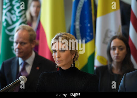 Ivanka Trump attends a meeting chaired by Prime Minister Theresa May and UN Secretary General Ant—nio Guterres on how to tackle modern day slavery and human trafficking at the United Nations General Assembly in New York, USA. Stock Photo