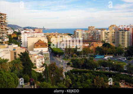 View on bull fighting arena (Plaza de toros de La Malagueta) and port in Malaga, Spain from Castillo de Gibralfaro Stock Photo