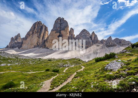 Tre Cime di Lavaredo from Langalm Stock Photo