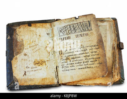 old book isolated on white.  Very old book in the Old Slavonic language of the 16th century Stock Photo