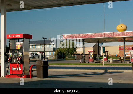 Gas station and the smiley face water tower in Adair, Iowa, USA Stock Photo