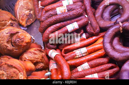 Csulok (smoked knuckle), kolbasz (salami), and hurka (black pudding), Lehel Market (Lehel csarnok) Budapest, Hungary Stock Photo