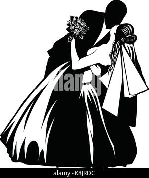 Silhouettes of kissing bride and groom -vector Stock Vector