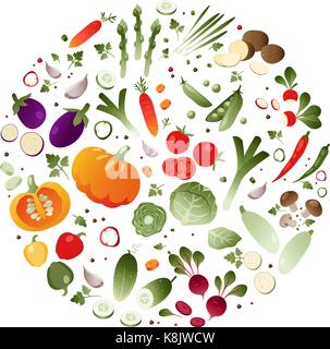 Vegetables in the shape of circle on white background Stock Vector