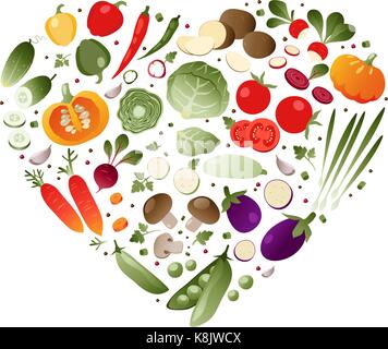 Vegetables in shape of heart on white background Stock Vector