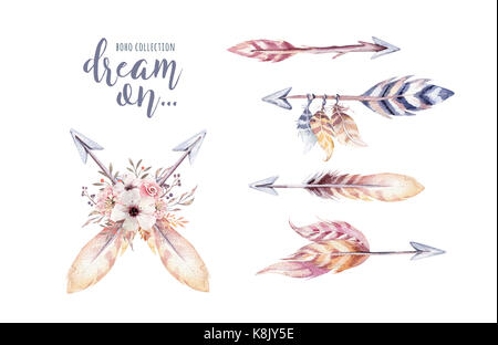 Watercolor colorful ethnic set of arrows, teepee and flowers in native ...