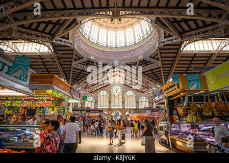 Valencia Spain market, interior view of the Mercado Central - Central Market - with its grand modernista glass and iron-beam roof, Valencia. Stock Photo