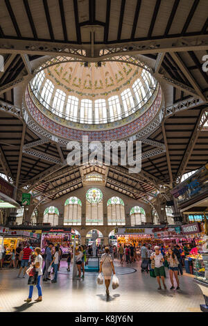 Valencia market Spain, interior view of the Mercado Central - Central Market - with its grand modernista glass and iron-beam roof, Valencia. Stock Photo