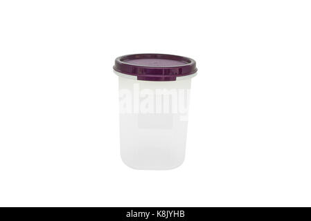 Plastic food cup container with purple lid isolated Stock Photo