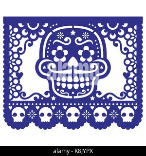 Halloween, Day of the Dead design with skulls - Mexican Papel Picado decoration with flowers and geometric shapes Stock Vector