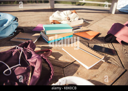 books, backpacks and electronics Stock Photo