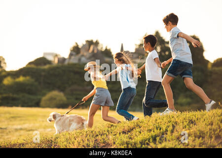 teenagers with dog in park Stock Photo