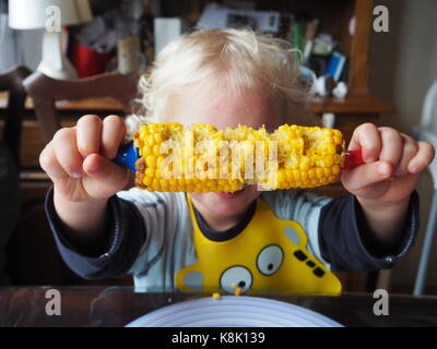 Hungry toddler enjoying his corn on the cob. Two and a half year old boy eating his sweetcorn with skewers. Learning to eat fresh vegetables. Stock Photo